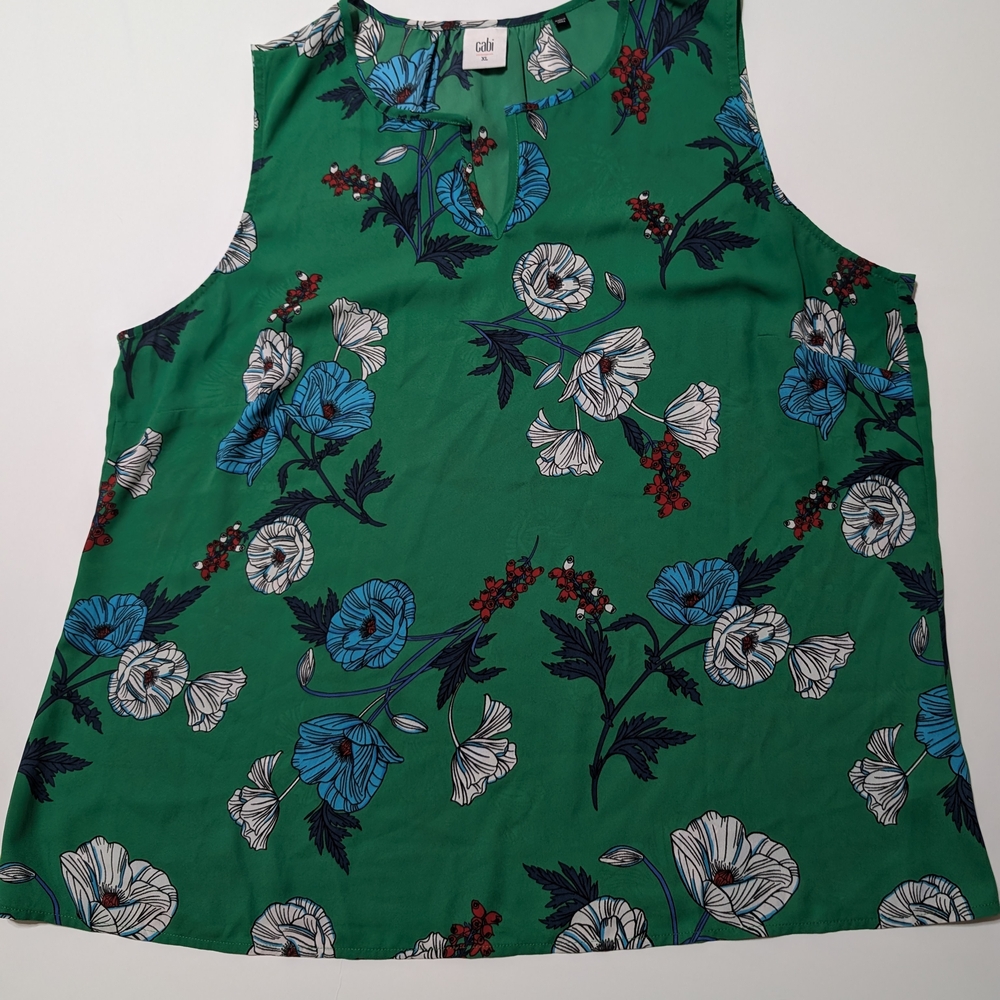 CAbi Green Sleeveless Tank Top with Floral Design